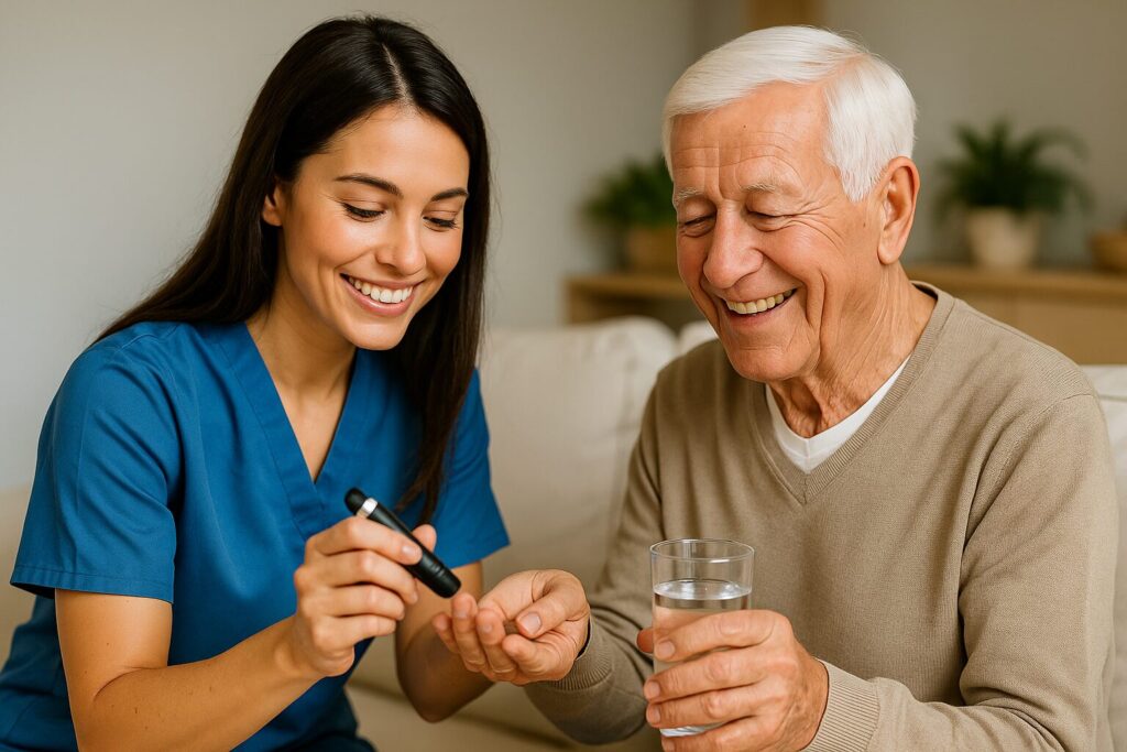Pflegefachkraft führt eine Blutzuckermessung bei Ihrem Patienten